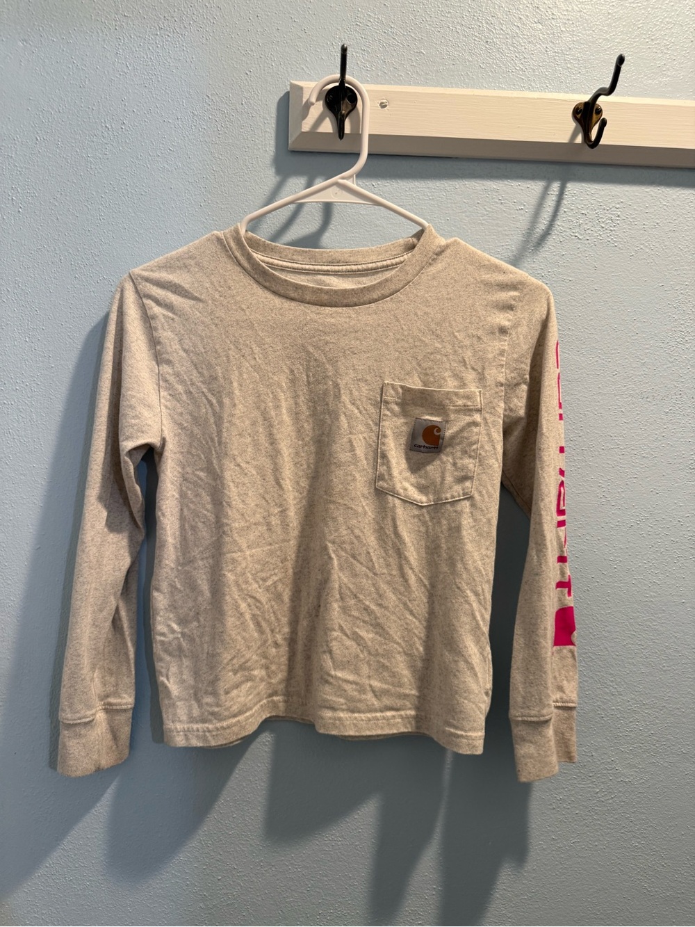 Carhartt Kids Long Sleeve Pocket Tee in Light Gray with Pink Sleeve Print